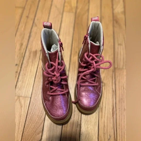 UGG Robley Glitter Combat Boots Youth 3 Berry rose pink Sparkly Rain - Picture 4 of 7